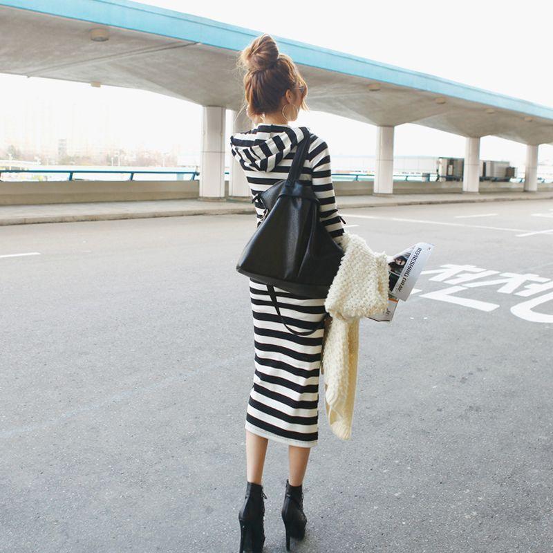 Cheap Spring and Autumn New Black and White Striped Long below the Knee