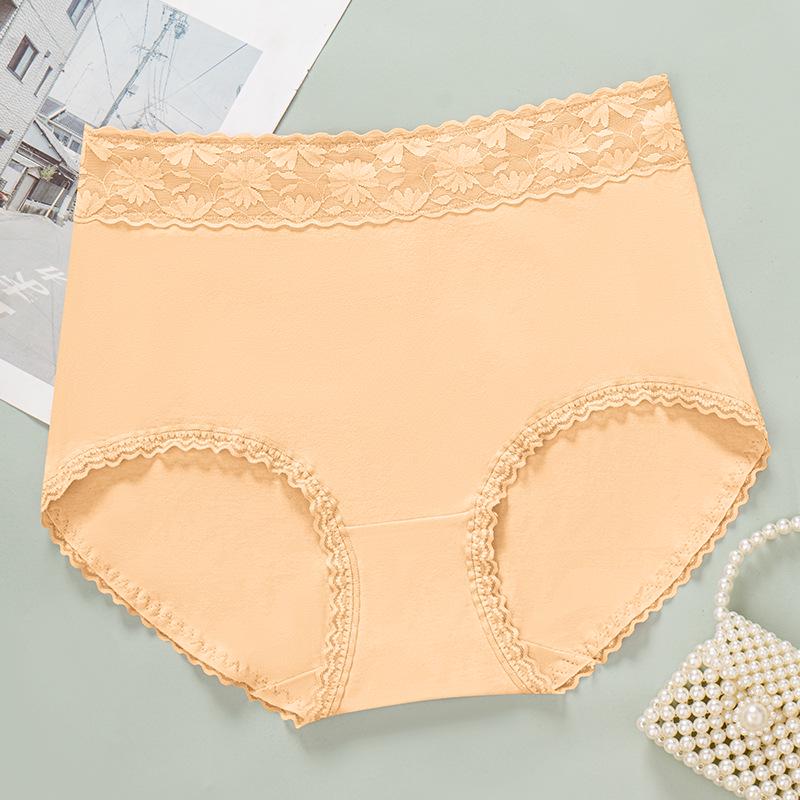 High Waist Plus Size Lace Trim Cotton Panties - Seamless, Breathable, with Abdomen Control and Antibacterial Properties.