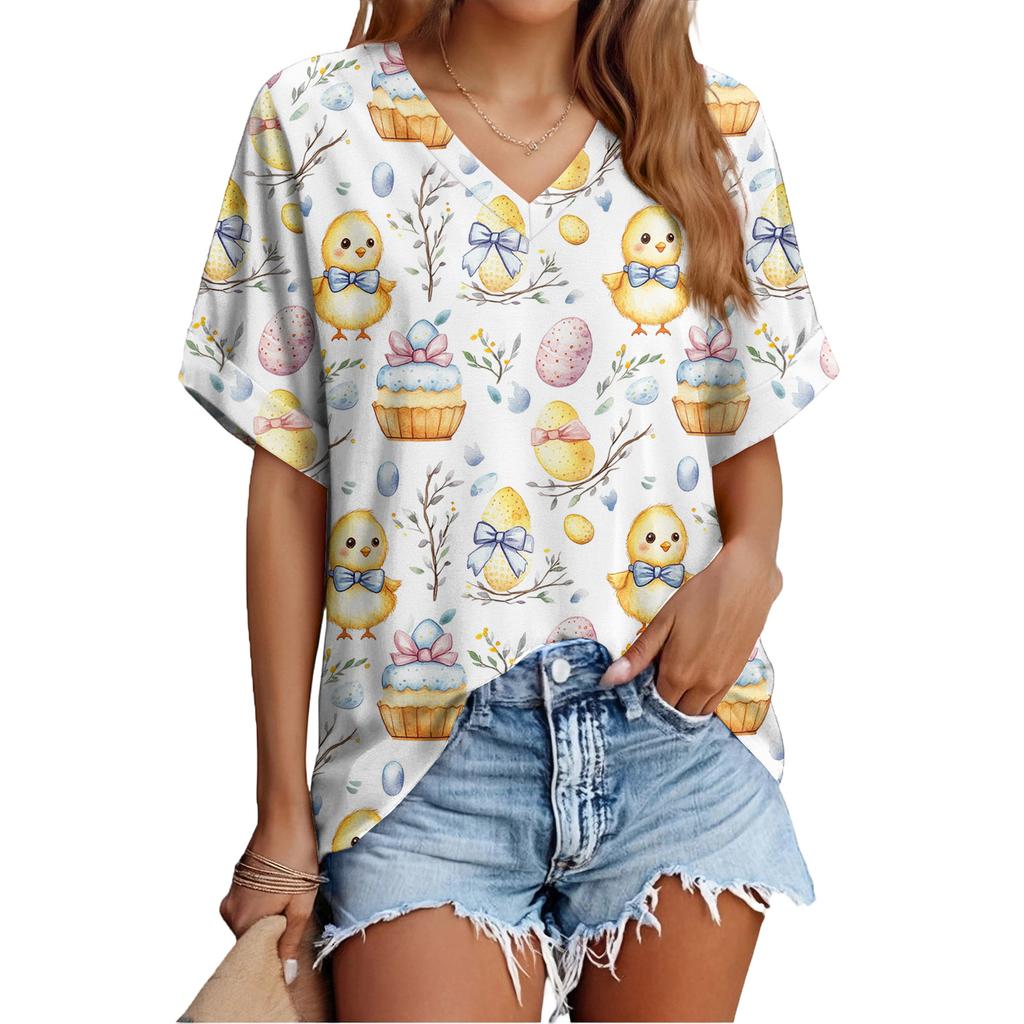 Women's Fashionable Casual Everyday Versatile Easter Print Slim-Fit Summer Short-Sleeve Top