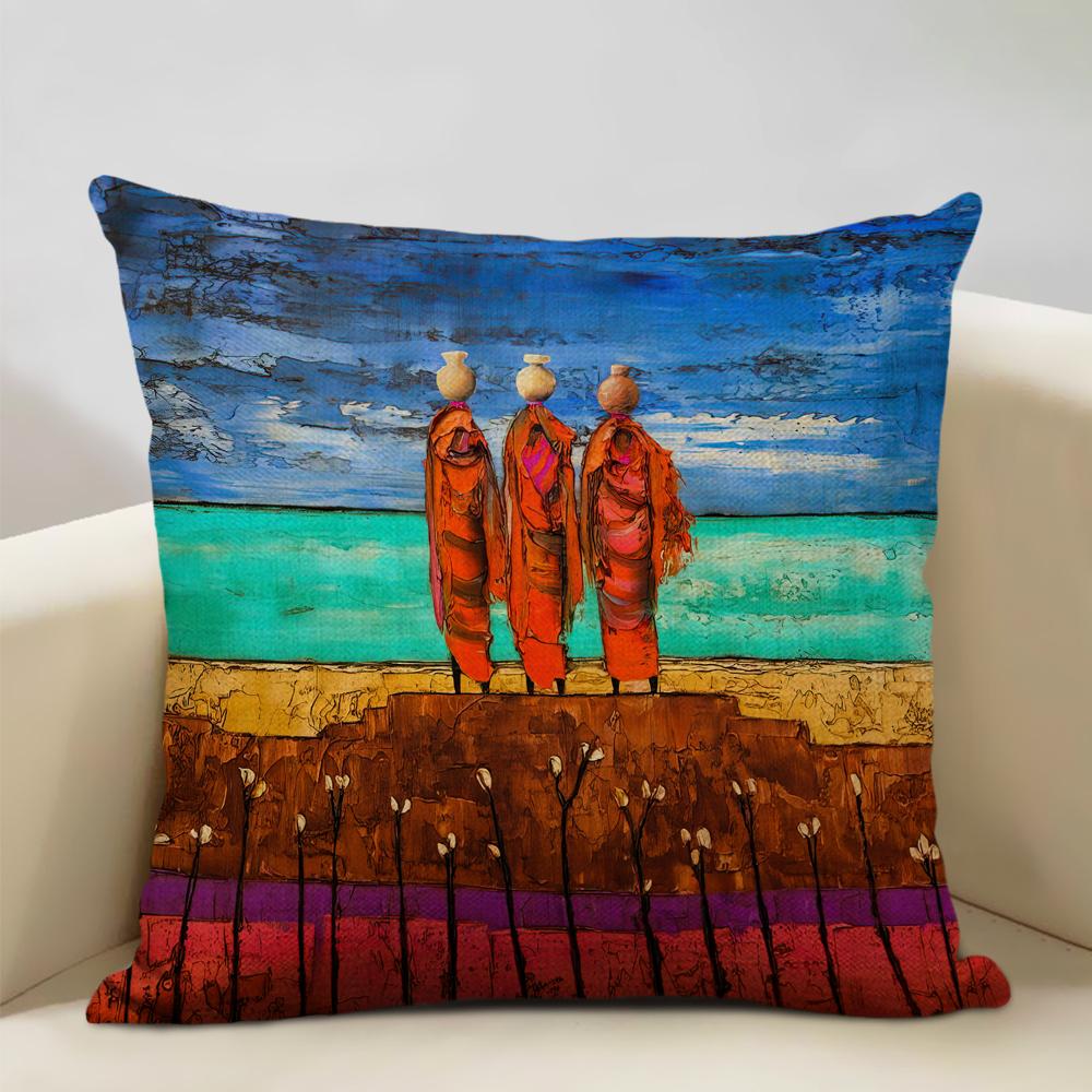 Portrait Oil Painting Cushion Cover African National Style Living Room Sofa Art Decoration Pillow Bedding 45x45cm Cover Pillows
