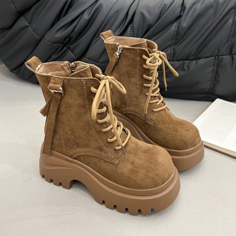 Side zipper short boots autumn new retro locomotive boots small thick sole heightening lace-up Martin boots women