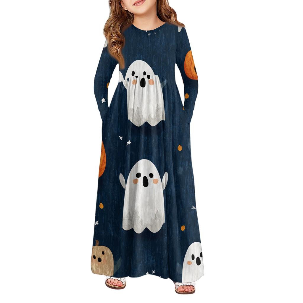Girls' Maxi Dress Halloween Day- Long Sleeve Pocket Dress