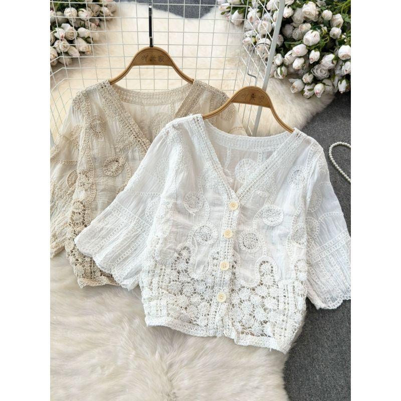 Western Style V-neck Easiest for Match Cardigan Short Sleeve Tops Crochet