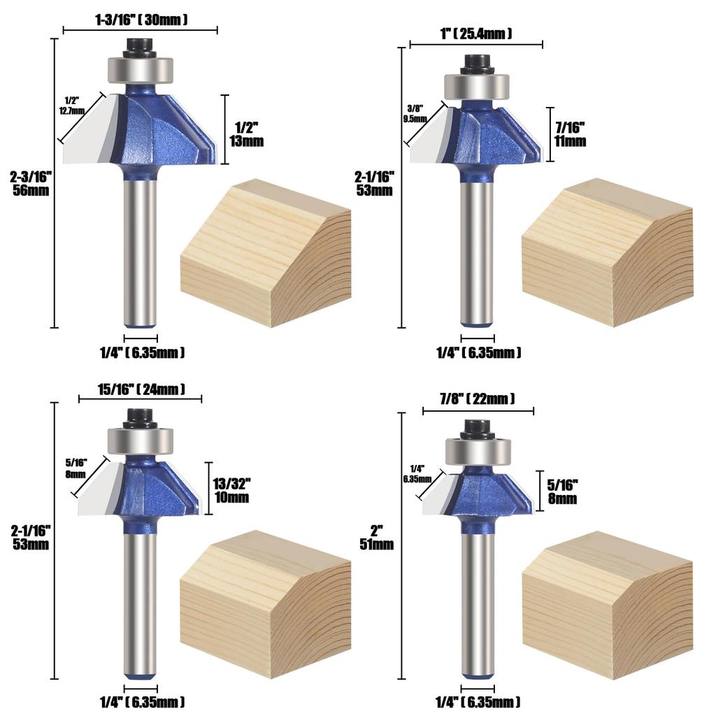 Vearter Trimmer Chamfer Solid Carbide Corner Router Bevel Milling Bevel Chamfering Cutting DIY Woodworking Router Bit for Electric Trimmers 4-Piece