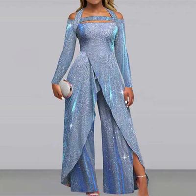 Women's Summer Sequins Slant Lapel Mid Waist Temperament Commuter Jumpsuit