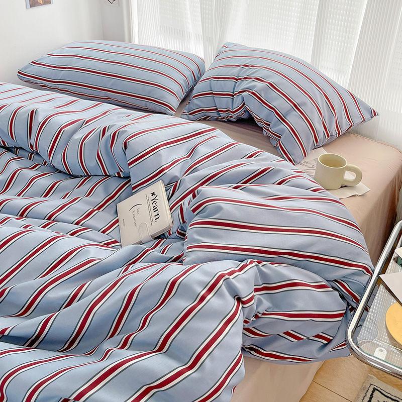 Simple Style Duvet Cover Red And Blue Stripe Bedding Set Flat Sheet Set 100% Washed Cotton Room Bedding for Kids Adult