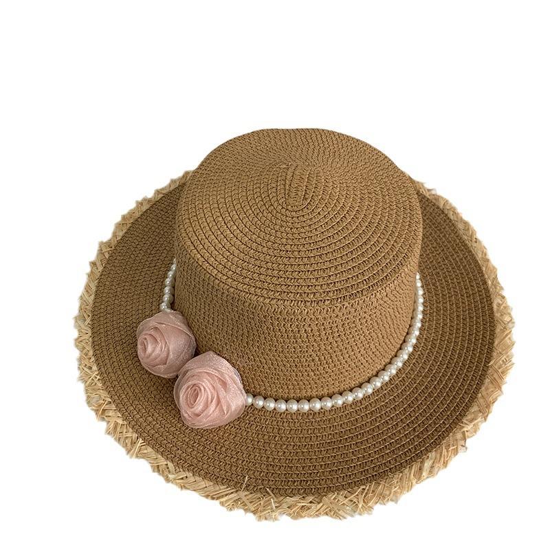 Summer Flower Bow Pearl Braided Straw Hat Women's New French Top Hat Seaside Beach Sunshade Straw Hat