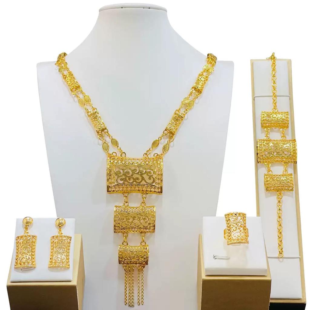 4 Τεμάχια Χρυσό Χρώμα Ινδικό Νυφικό Σετ Κοσμημάτων από Κράμα Ντουμπάι Κολιέ Σκουλαρίκια Για Γυναίκες Γάμο 24 καρατίων Επιχρυσωμένο Αφρικανικά Κοσμήματα Νύφη