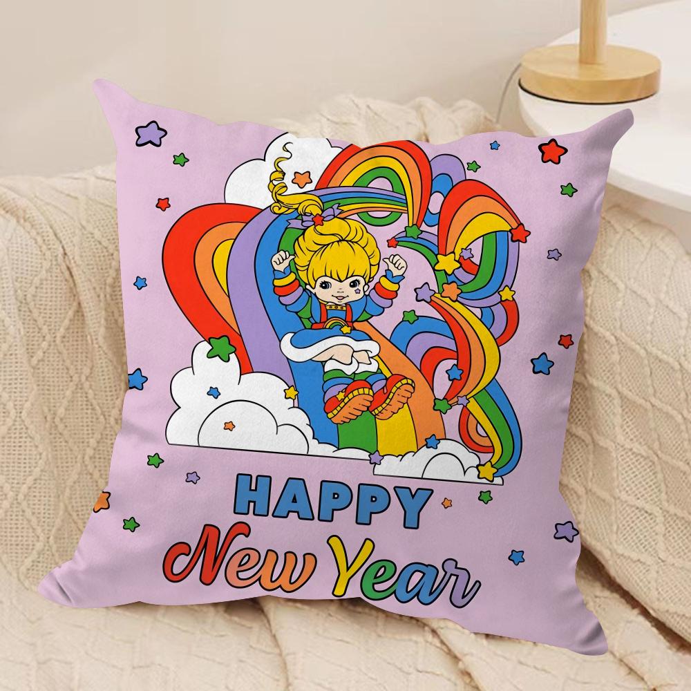 R-Rainbows Girl B-Brite  Cushion Cover Silky Short Plush Sofa Pillow Cover Hidden Zipper Soft Dustproof Case for Home Decor