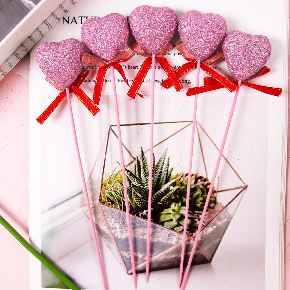5pcs Valentine‘s Day Glitter Red Pink Foam Heart Picks Stick Wedding Mother's Day Flower Arrangements Floral Bouquet Home Decor