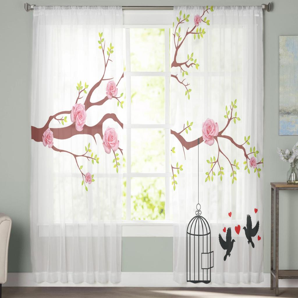 Flori de trandafir ramură pasăre perdea din voal transparent pentru fereastră draperii Perdele din tul pentru sufragerie dormitor perdele din șifon