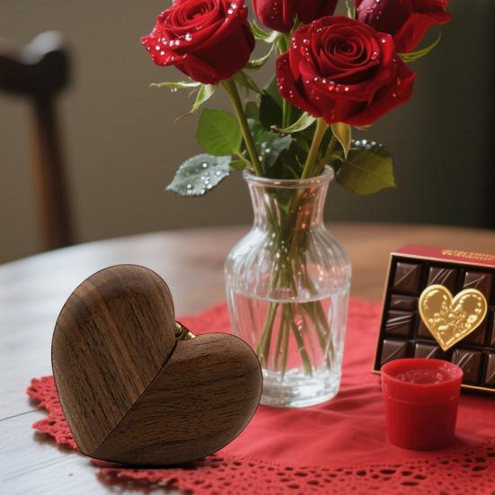 Yousheng Heart-shaped Ring Box Compact Size Portable Retro Style Wooden Proposal Wedding Ring Holder Jewelry Organizer