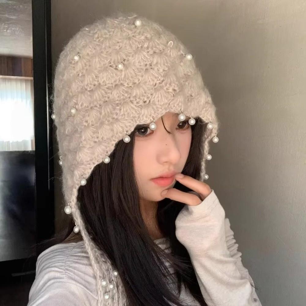 Pearl Tassel Knitted Pullover Hat Hollow Out Pendant Headband Hat Fringed Beanie Cap for Women