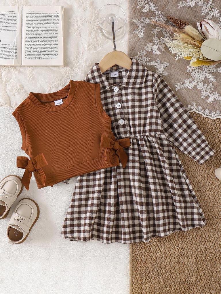 Mädchen Europäischer & Amerikanischer Stil Kleinkind Kaffee Weste + Kariertes Langarmkleid Set