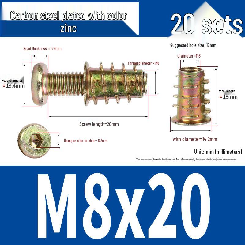 Flat Head Hex Socket Screws & Pre-embedded Nut Set for Wooden Bed Connectors