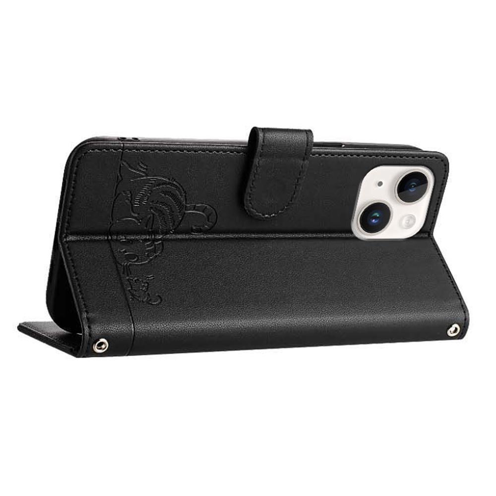 Funda para iPhone 13/14 con Correa Bloqueo RFID Billetera de Cuero Cubierta para Teléfono Patrón Gato Ratón