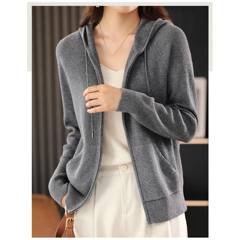 Damen Herbst Winter Wollmischung Pullover Mit Kapuze Verdickt Gestrickt Reißverschluss Strickjacke Mit Tasche Basis Mantel