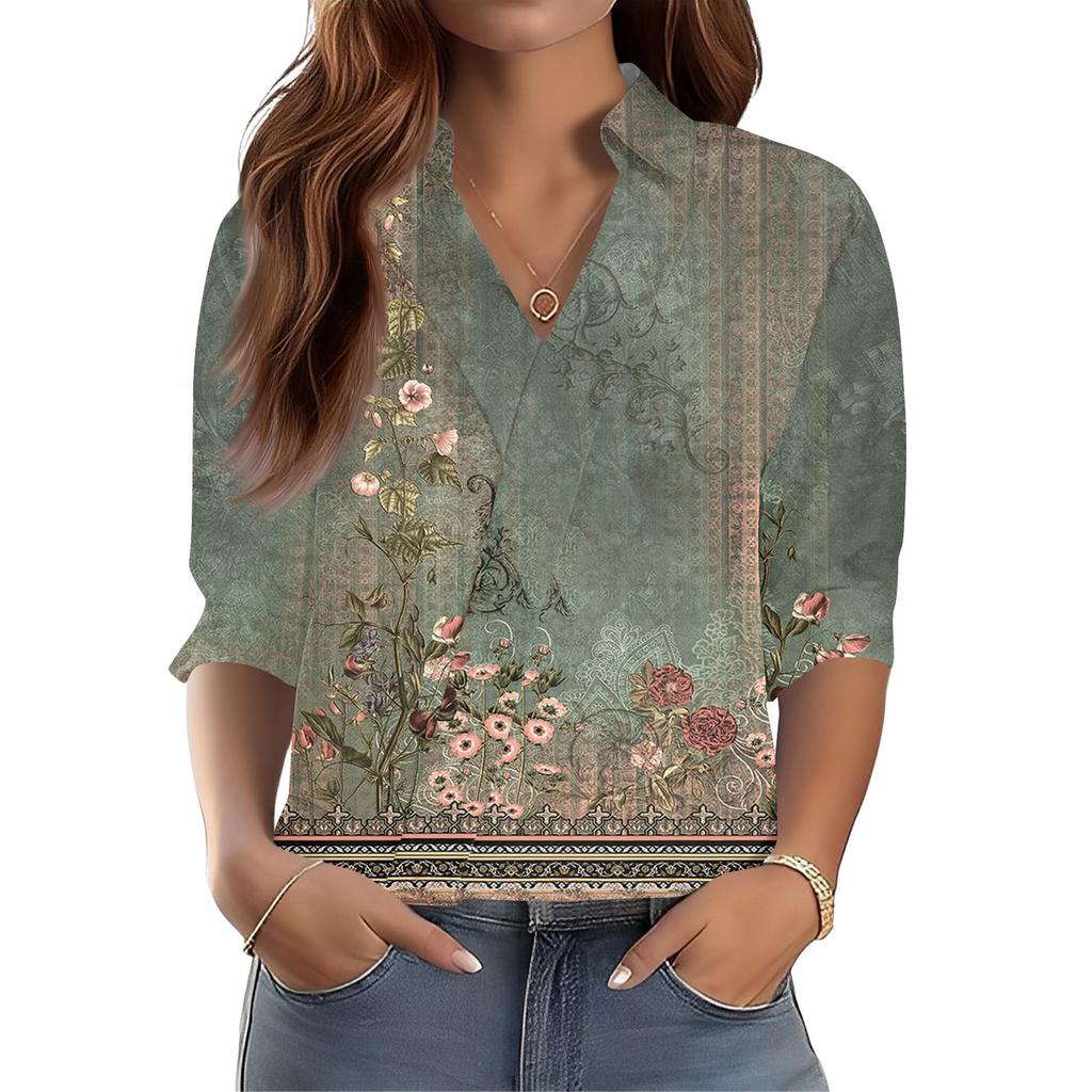 3/4-Ärmel Damenoberteile V-Ausschnitt Shirts Trendy Bedruckte Business Casual Arbeitsblusen