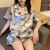 Summer Pajamas Women'S Short-Sleeved Shorts Lapel Cardigan Silk Loungewear Set Full Of Bear Models