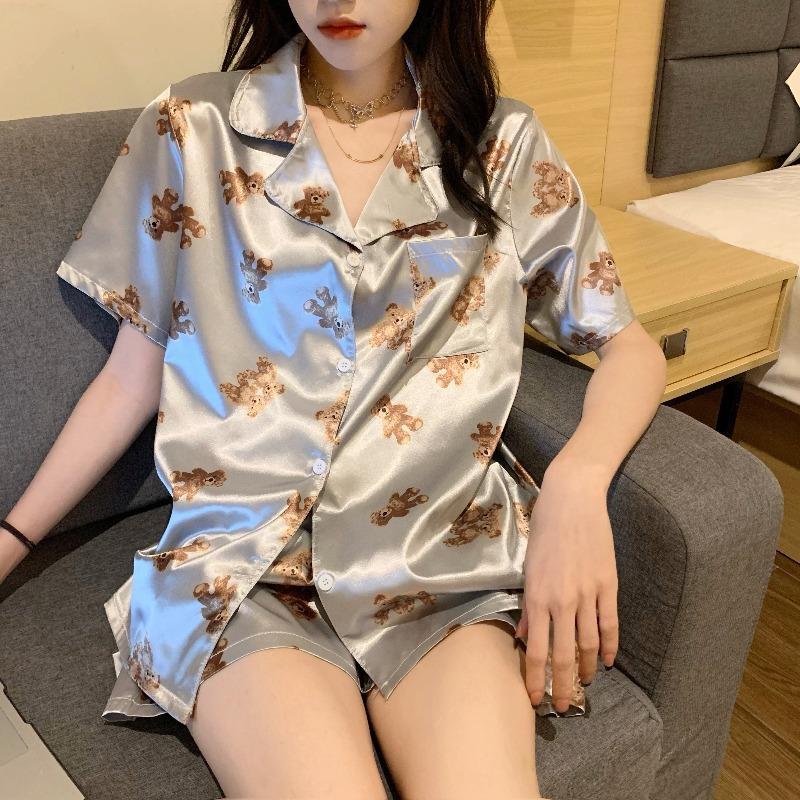 Summer Pajamas Women'S Short-Sleeved Shorts Lapel Cardigan Silk Loungewear Set Full Of Bear Models