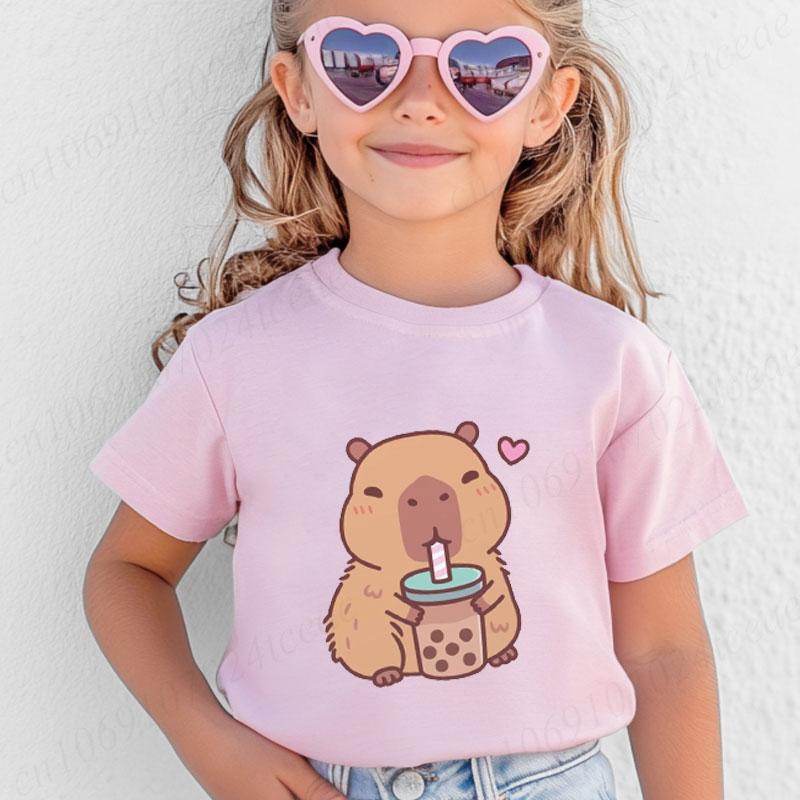 Cute Capybara Loves Bubble Tea Print Women Kids T-Shirt Summer Children's Short-sleeved Casual Pink Tops Adults Boys Girls Gifts