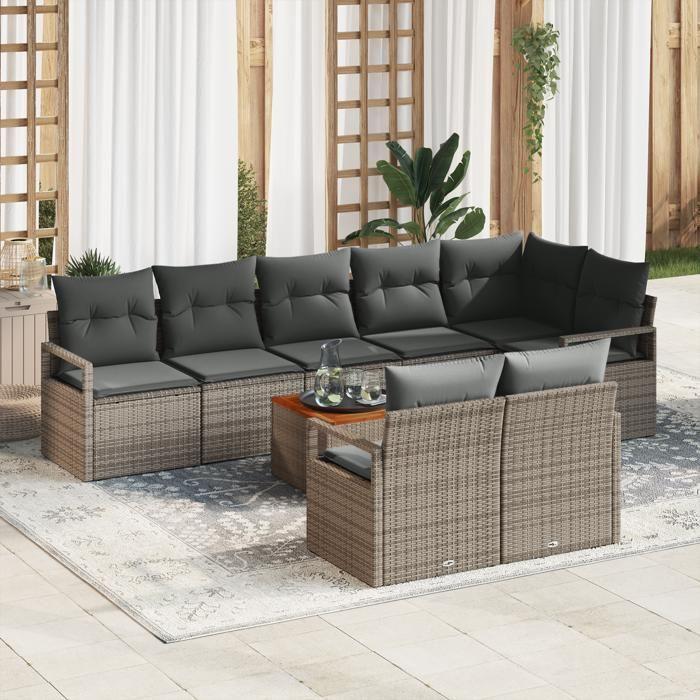 Ensemble canapé de jardin de 9 pièces avec coussins gris poly rattan acacia, canapé de jardin de 2 places avec coussins gris 3347720