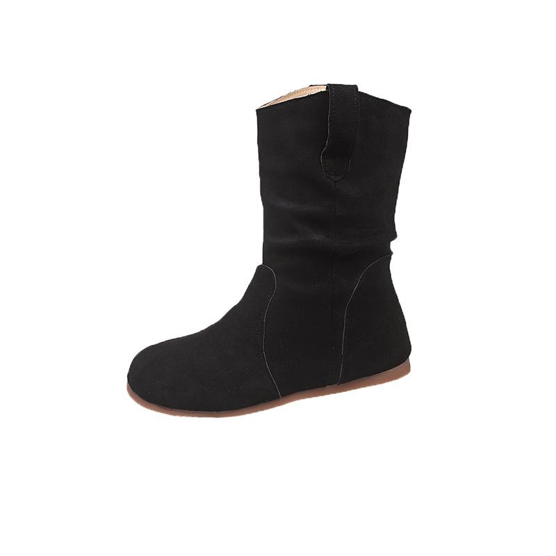 

Интернет-знаменитость ботинки-куча 2025 новые круглый носок универсальная плоская подошва ковбойские ботинки из матовой кожи короткие ботинки женские осенне-зимние с 40 чёрный