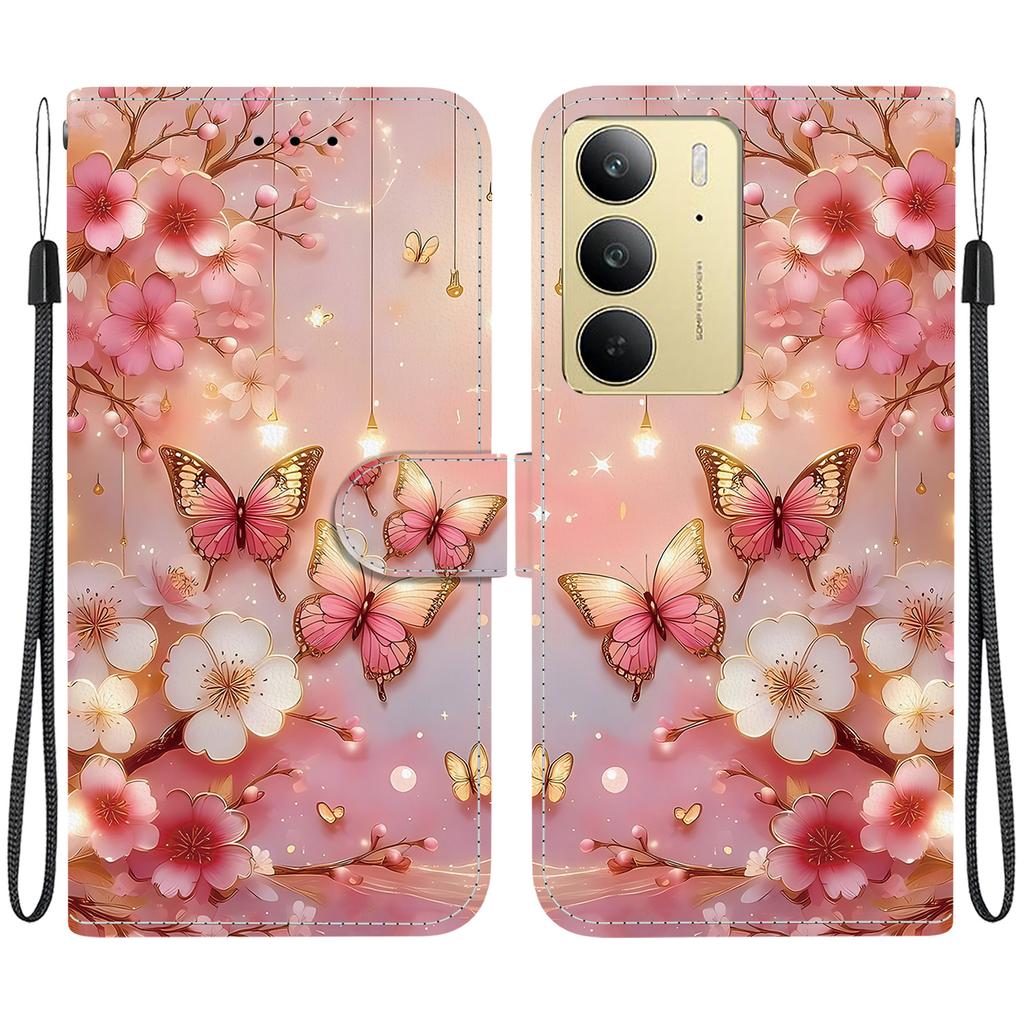 Ručně vyráběné PU kožené flipové pouzdro pro Realme C75 / Realme C75 4G Protiskluzový nárazuvzdorný kryt s poutkem na zápěstí a designy srdce/růže/kočka