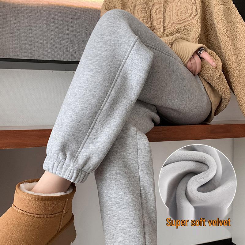 Women's High-Waist Fleece-Lined Cuffed Sweatpants - Thick Grey Joggers for Autumn/Winter 2024