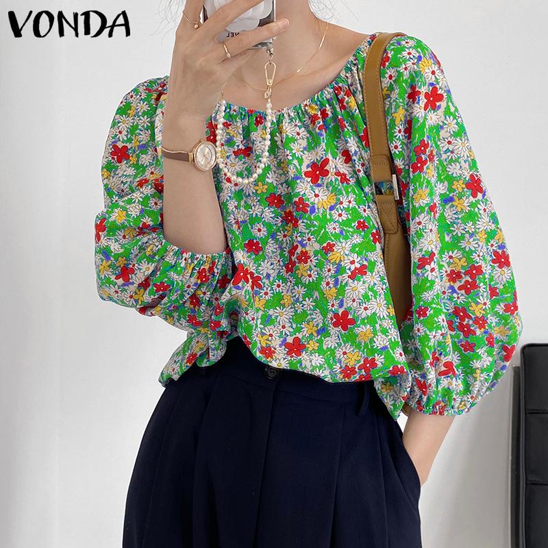 

VONDA Весна Тонкий цветочный принт Женщины Холодные плечи Топы Пышный рукав Повседневная свободная блузка Плюс размер