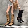 Metal Belt Buckle Tall Western Boots Retro Color Matching Thick Heel High Heel Cowboy Boots Knight Boots Long Boots