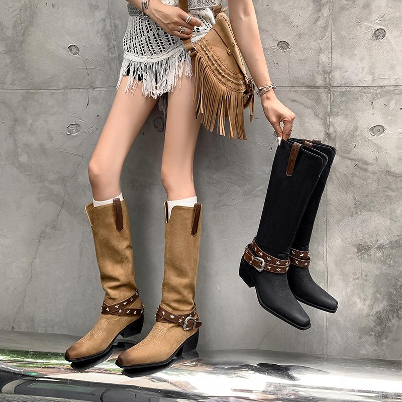 Metal Belt Buckle Tall Western Boots Retro Color Matching Thick Heel High Heel Cowboy Boots Knight Boots Long Boots
