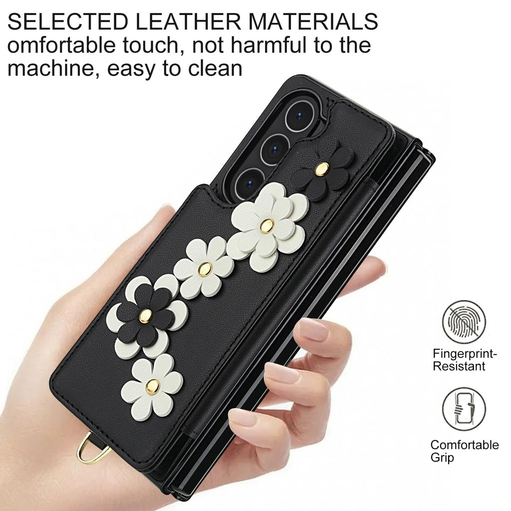 For Samsung Galaxy Z Fold5 5G Case Card Slots Leather Coated TPU Flower Phone Cover with 2 Straps
