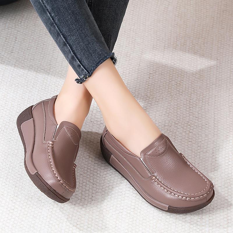 Spring and Autumn Soft Leather Thick Soled Sponge Cake Shoes, Slope Heel Casual Single Shoes, One Step Lazy Shoes, Waterproof Platform Women's Shoes