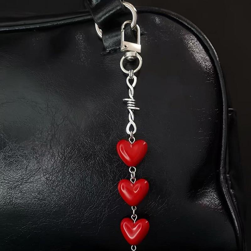 Y2K Red Heart Beaded Pendant Keychain Bag Charms Hangings Punk Cool Ornament Accessories
