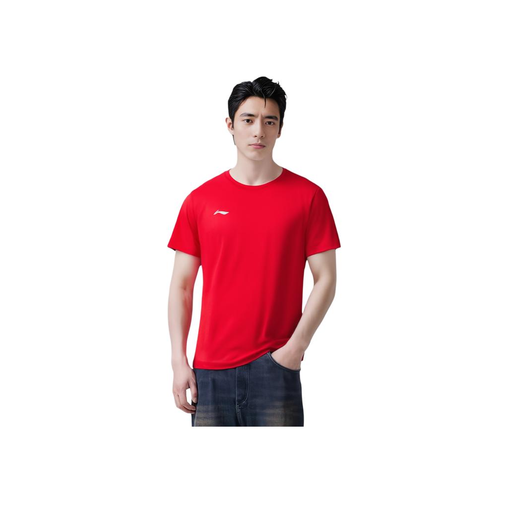 Li Ning Solid Color Logo Round Neck Pullover Short Sleeve T-Shirt Men Tops Red ATSU839-4