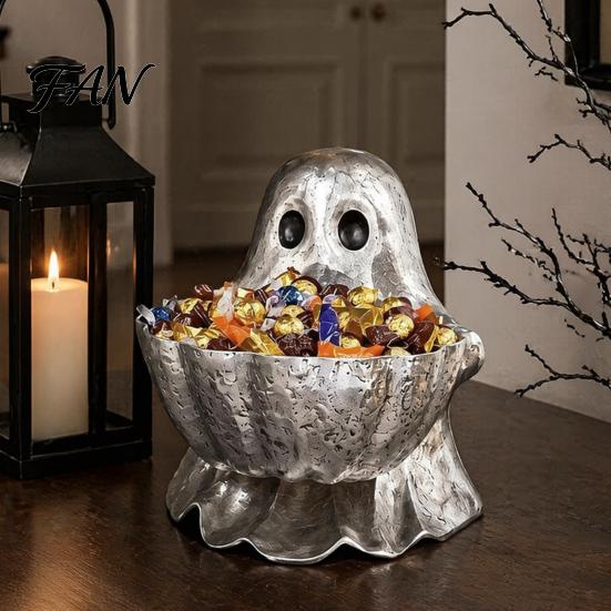 Small Item Organizer Halloween Ghost Candy Bowl, Resin Decorative Storage Dish, Silver Sculpture Gray Snack Holder, for Home Tabletop And Entryway