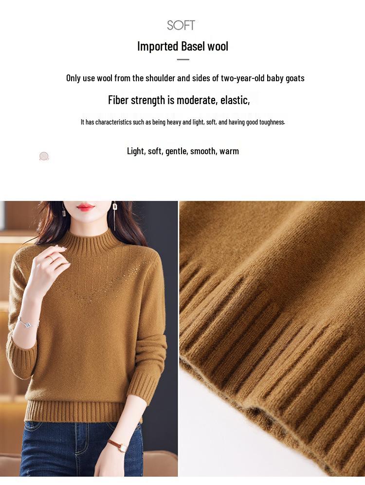 Women's Thick 100% Pure Wool Half-High Collar Sweater - New Autumn/Winter Style for Middle-Aged and Elderly