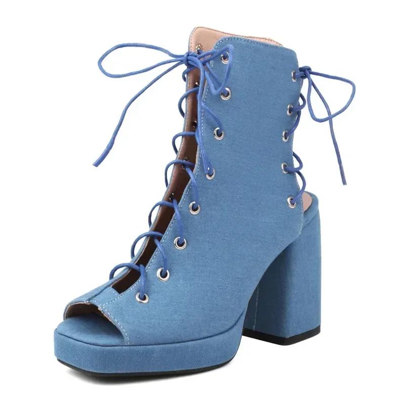 Fashion Woman Gladiator Platform Sandals Sexy Dress Party Lady Red Black Patent Leather Peep Toe Lace Up High Block Heels Shoes