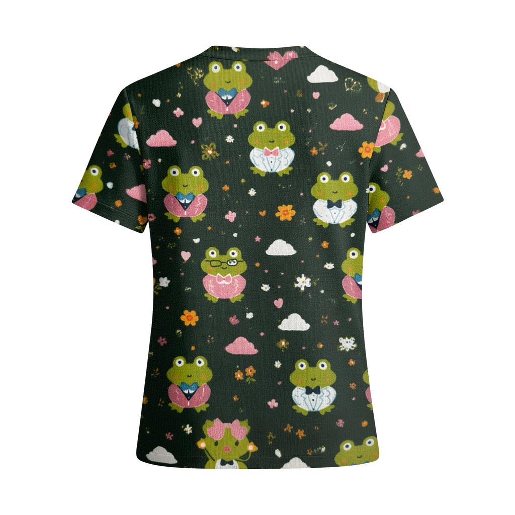 Top de Trabajo para Mujer con Cuello en V de Manga Corta y Bolsillos Estampado de Dibujos Animados Camisa de Uniforme Médico Ajuste Cómodo Tejido Duradero Adecuado para Profesionales de la Salud