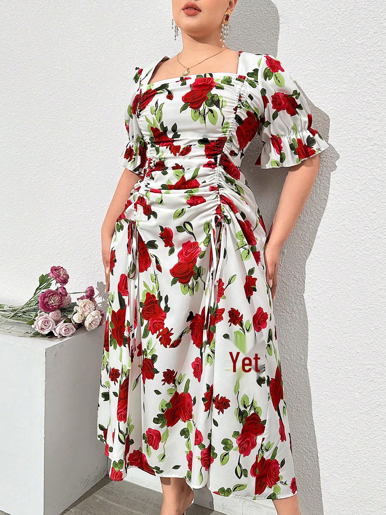 French Retro Floral Drawstring Pleated Dress - Summer Puff Sleeve Square Neck Women s Long Dress 4XL
