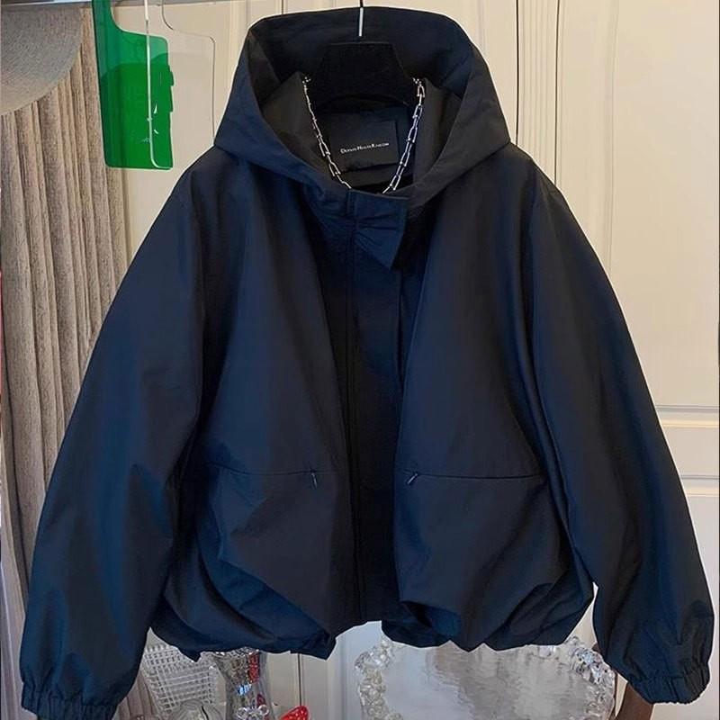 Women Spring Autumn Hooded Short Jacket Casual Drawstring Pocket Windbreaker Zipper Basic Jacket