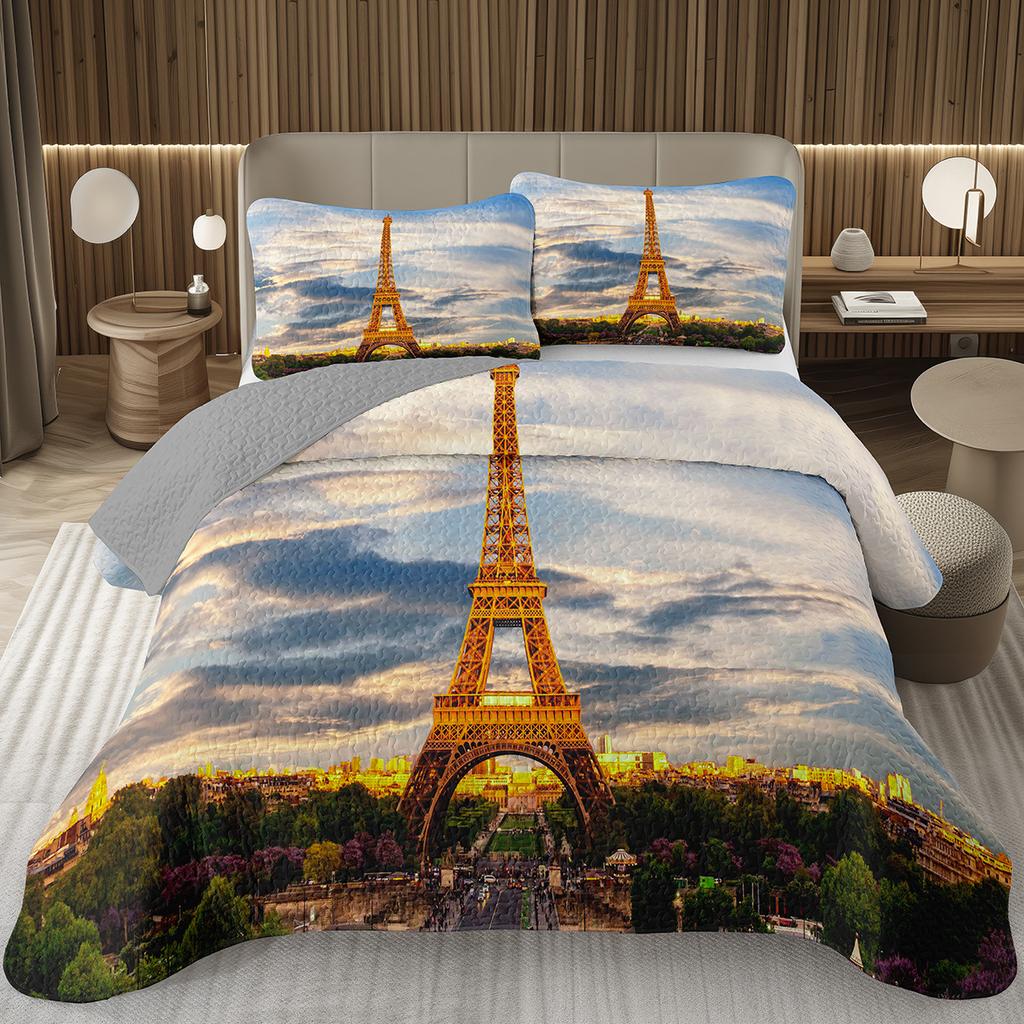 Eiffelturm Tagesdecke Vintage Paris Stadtlandschaft Quilt-Set Doppel-/Queen-Größe, Weiche Leichte Wendbare Tagesdecke für Mädchen Frauen