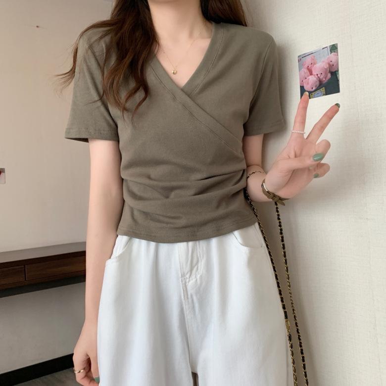 V-neck Short-sleeved T-shirt Women's Summer Thin Slim Tops