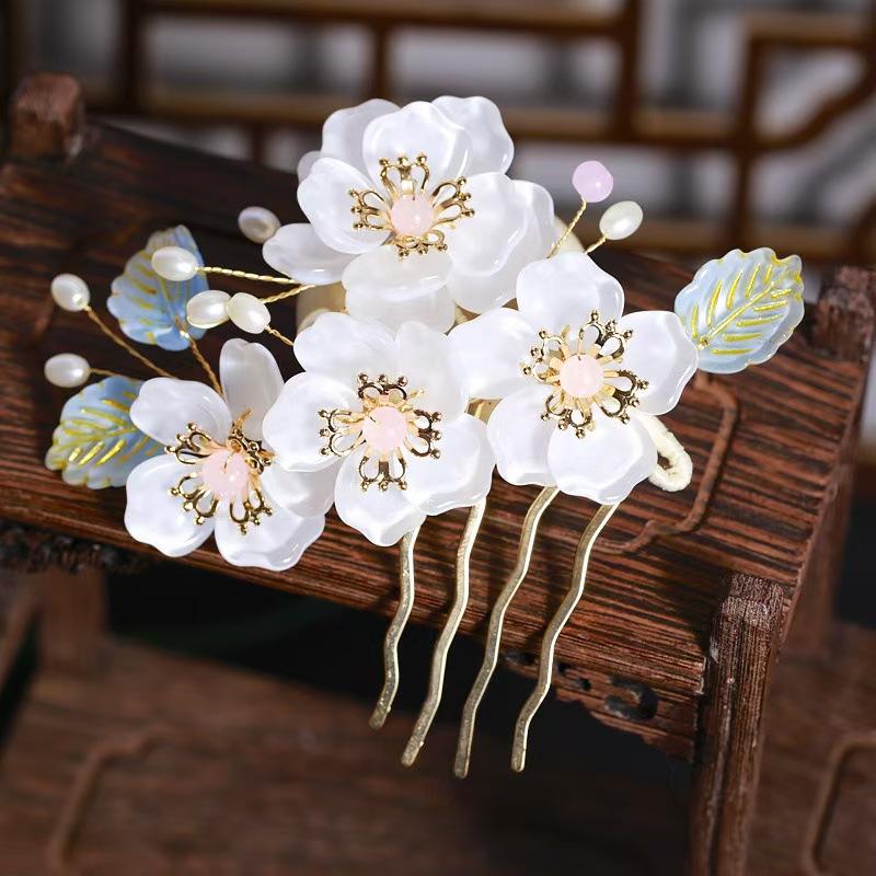 Vintage Flower Hairpin Elegant Chinese Style Glass Flower Hair Comb For Women Girls Exquisite Fairy Metal Hair Accessories 1pc