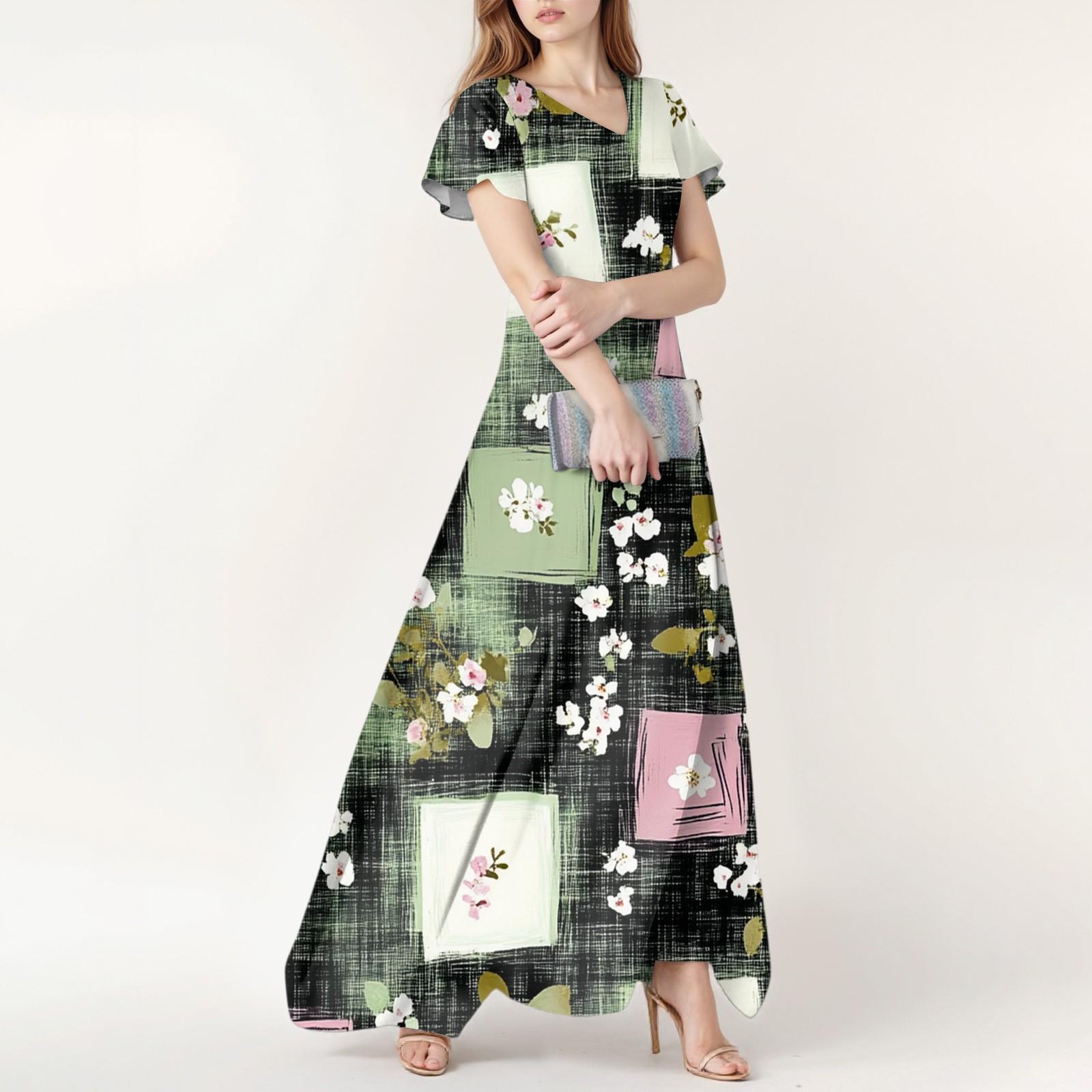 

Женское весенне-летнее повседневное модное платье с цветочным принтом и коротким рукавом, V-образный вырез L армия зеленый