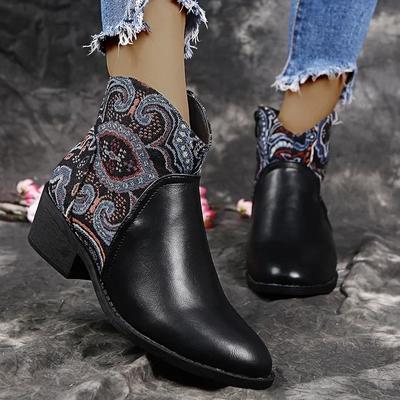 Damen Retro Mid Heels Spitz Casual Stiefeletten Ethnisch Herbst Blumen Gemustert Patchwork Kurze Stiefel Botas Mujer Booties Schuhe