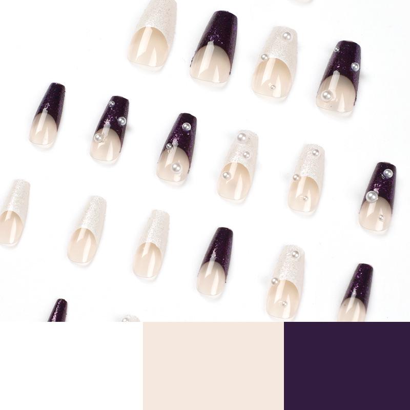 Dual Color Pearl Detachable Wearable Nails - French White & Purple Nail Art Pieces
