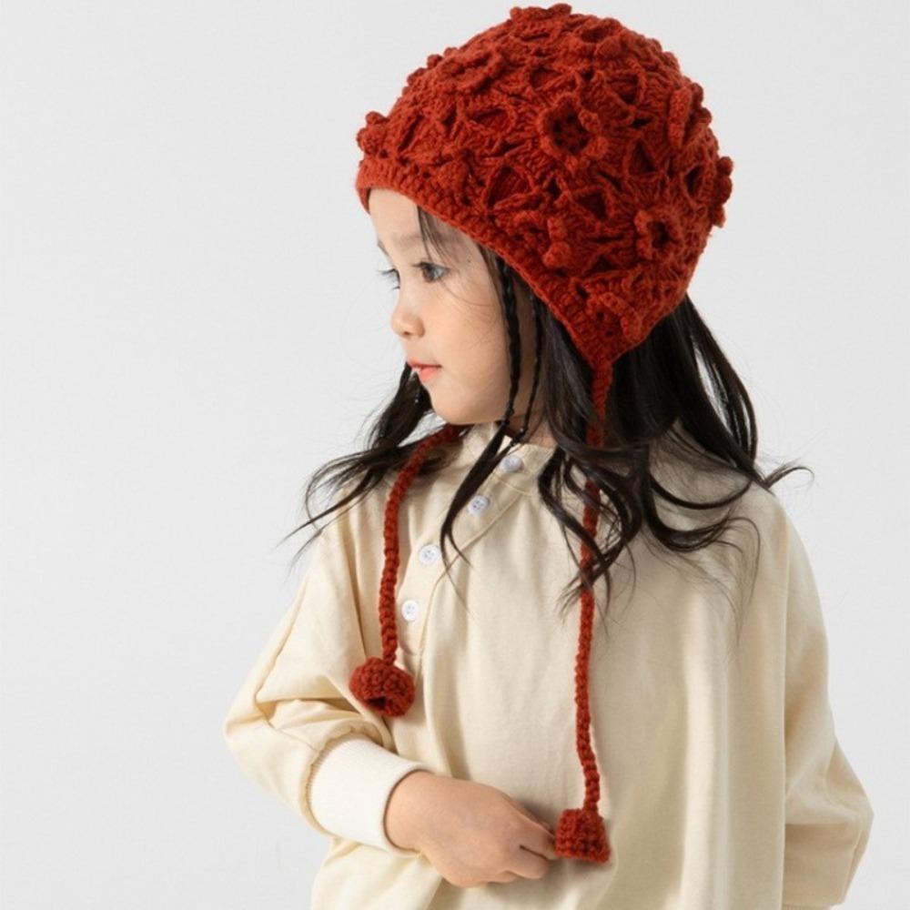 Ear Protection Autumn Winter Hat Solid Color Kids Cap Vintage Hand Knitted Hat Girl
