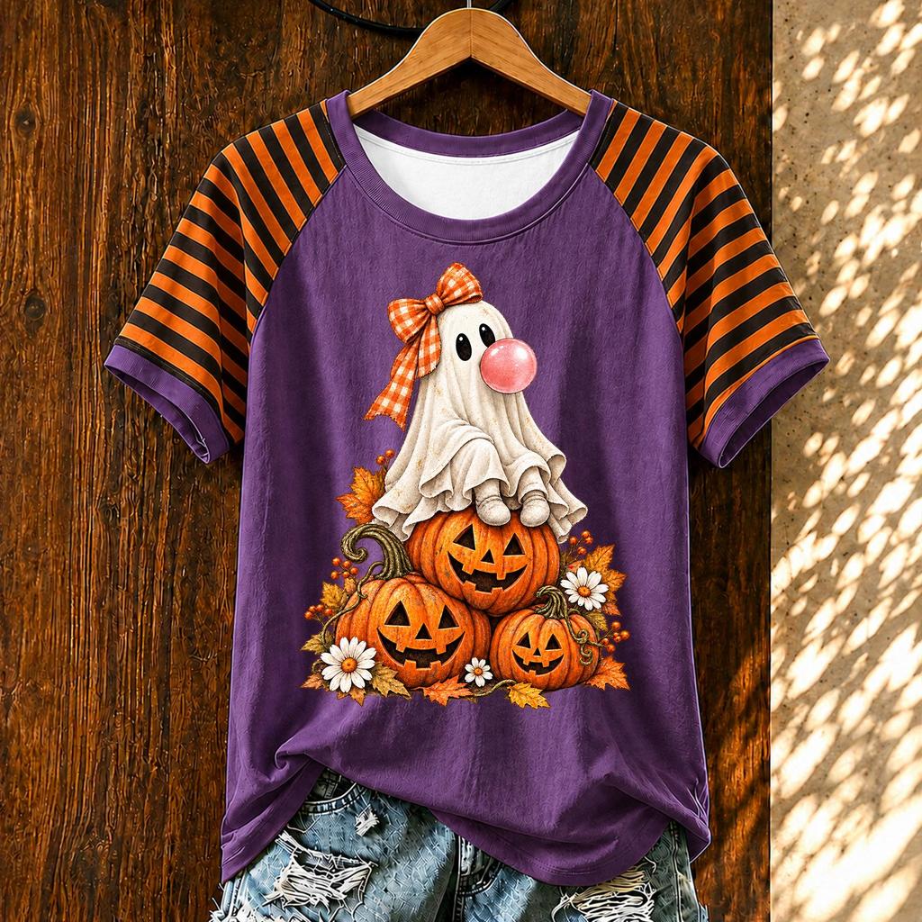 Women's Casual Halloween Striped Print Short Sleeve T-Shirt